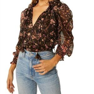 MISA Los Angeles Siena Split‑Tie Chiffon Blouse – Las Brisas Mix, Size XS NWT
